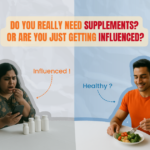 Comparison of a woman influenced by dietary supplements versus a man choosing a healthy, balanced diet with whole foods – highlighting the question: Do you really need supplements or are you just being influenced?