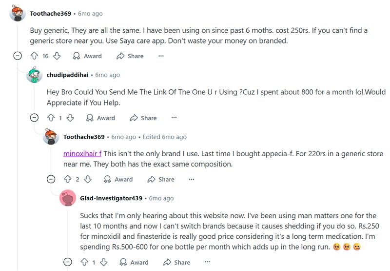 Online discussion about affordable Minoxidil for hair fall and baldness treatment – users recommend generic options like SayaCare over expensive brands. Comments mention Jan Aushadhi prices, Minoxidil 5%, and monthly costs for hair fall solution, baldness regrowth, and hair loss treatment for men.