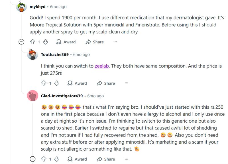 Online discussion about affordable Minoxidil for hair fall and baldness treatment – users recommend generic options like SayaCare over expensive brands. Comments mention Jan Aushadhi prices, Minoxidil 5%, and monthly costs for hair fall solution, baldness regrowth, and hair loss treatment for men.