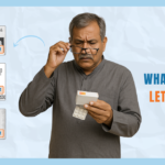 A middle aged man is examining a medication strip while using a calculator. To his left are three types of medicine packaging, each labeled with the letters ER, CR, and SR. A question on the right side asks about the meaning of these letters on medicine. The background features the SayaCare logo.